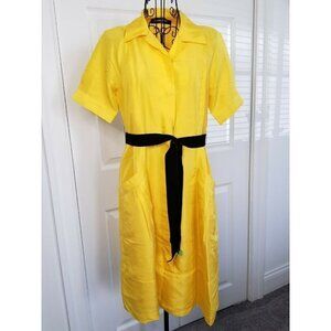 Vintage Ellen Tracy Short Sleeve Yellow Silk Black Velvet Sash Button Down Dress